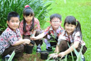 pexels photo 16850734 16850734 Group of happy children planting flowers together in a garden.